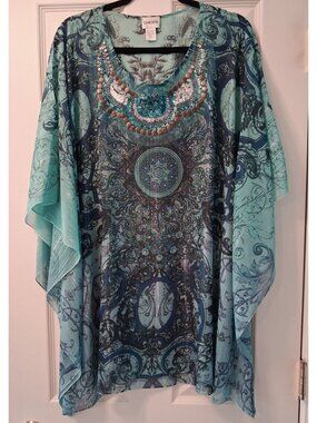 Chicos Size 2 US-L (12) Womens Batwing Embellished Sheer Poncho-Style Cover Up